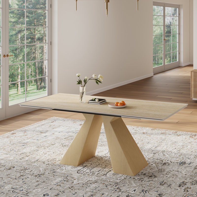 Extendable 63 to 94" 10-Seat Beige Sintered Stone Dining Table with Carbon Steel Base, Large Modern Rectangular Dining Room Table For Home, Kitchen, Living Room