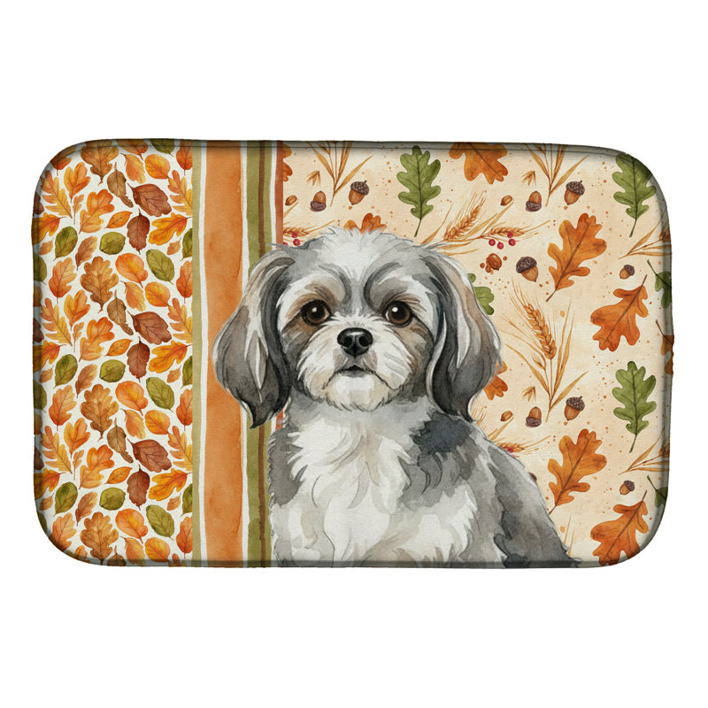 Grey and White Tibetan Spaniel Heirloom Fall Dish Drying Mat