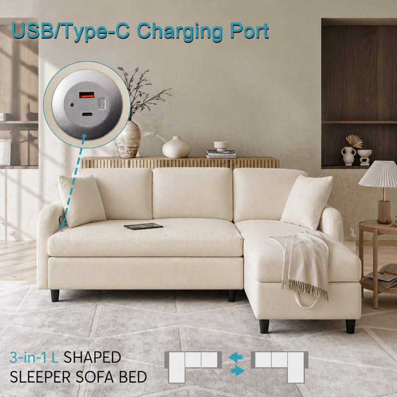 L-Shaped Pull-Out Sleeper Sofa Bed with Reversible Storage Chaise, Reclining Backrest, USB & Type-C Ports, Chenille 3-Seat Sectional Couch