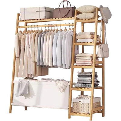 Bamboo Clothing Shelf with Bag Storage – Multifunctional Garment Rack Organizer