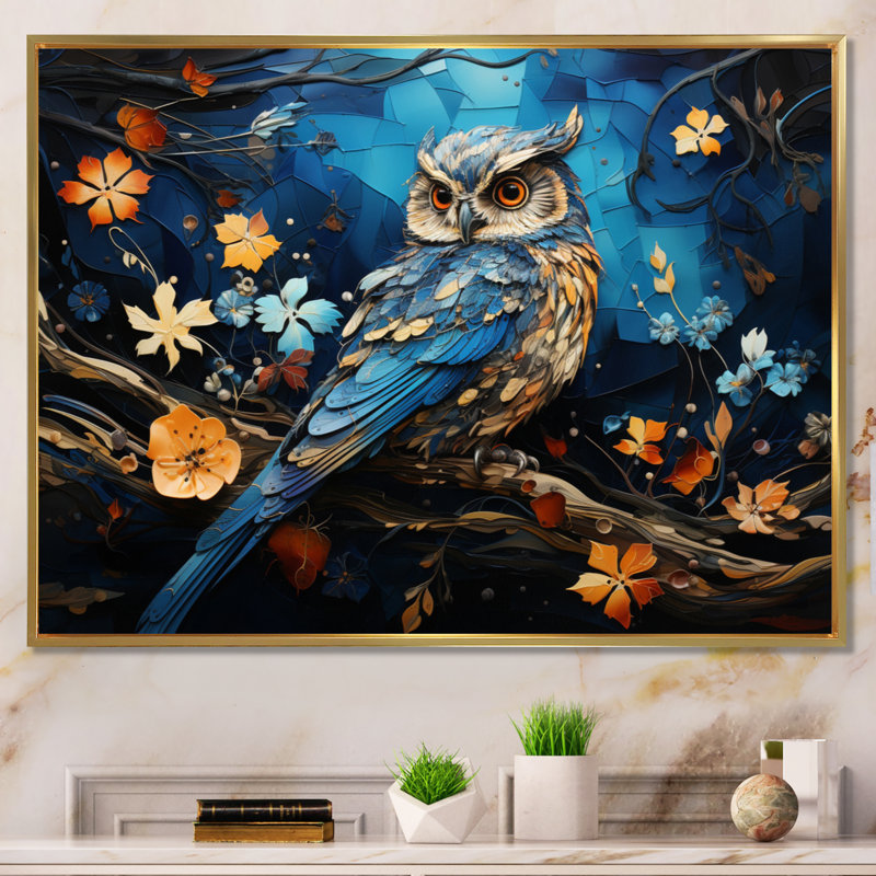 «Blue Owl Nights Watch Collage II», reproduction sur toile, H 34 po x l 44 po x P 1,5 po, Cadre flottant doré