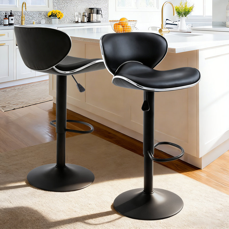 Ensemble de 2 tabourets de bar pivotants réglables et réglables en cuir de polyuréthane avec dossier et repose-pieds, Noir
