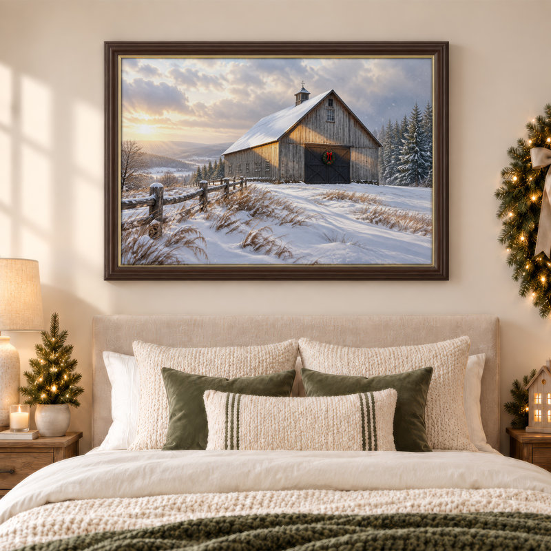 Art mural sur toile rustique avec grange rouge dans un champ d'hiver enneigé, H 12 po x l 18 po