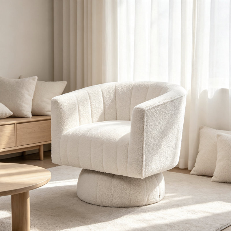 Upholstered Swivel Barrel Chair, White Teddy