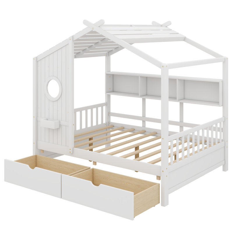 Maretti Wooden Full Size House Bed with 2 Drawers, White