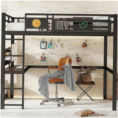Full Size Loft Bed Frame with desk, storage basket,Metal Loft Bed with clock,and charging port,Black