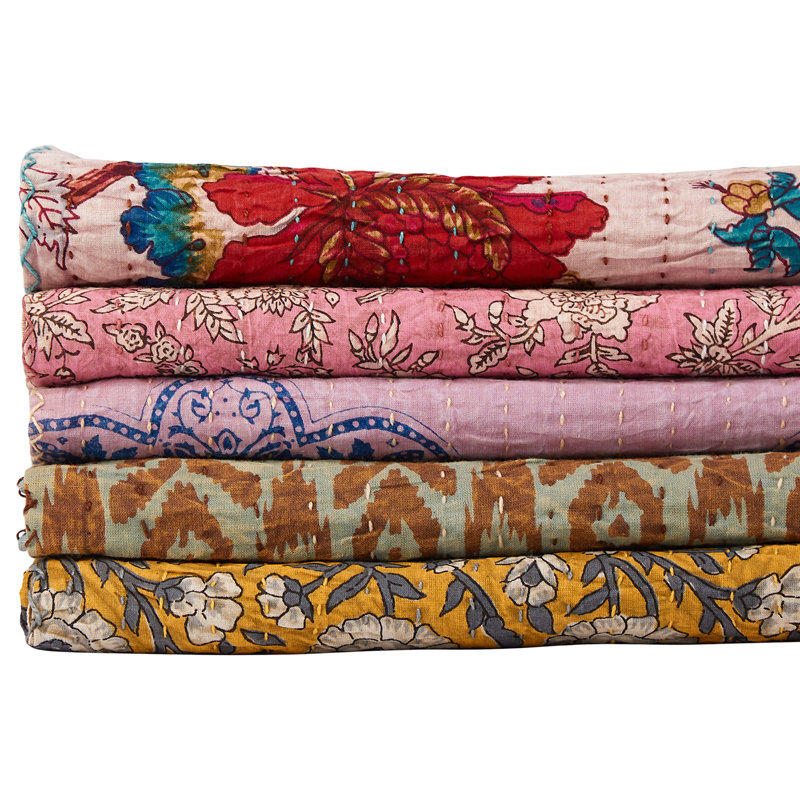 Handcrafted Floral Yellow and Beige Cotton Reversible Throw Blanket