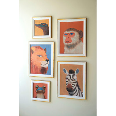  Ensemble de cinq animaux encadrés en bois, peinture murale décorative pour décoration intérieure, finition bois naturel