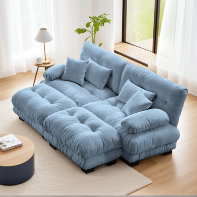 Blue Chenille Cloud Upholstered Loveseat, Modern Sectional Sofa With 2 Ottomans, 2 Lumbar Pillows And 2 Throw Pillows, Compact Furniture For Small Space, Apartment Living Room