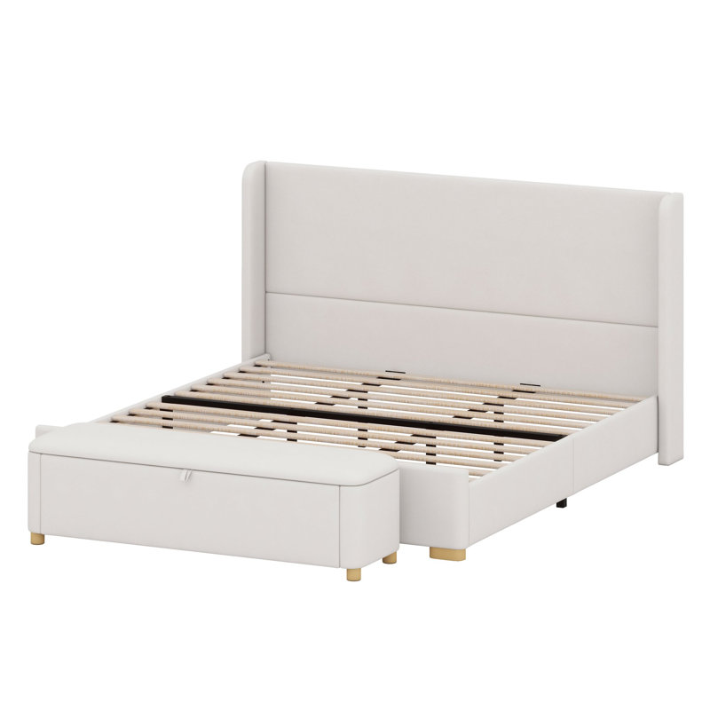 Ensemble cadre de lit plateforme et banc de rangement, tête de lit à oreilles avec structure renforcée, Très grand lit, Crème