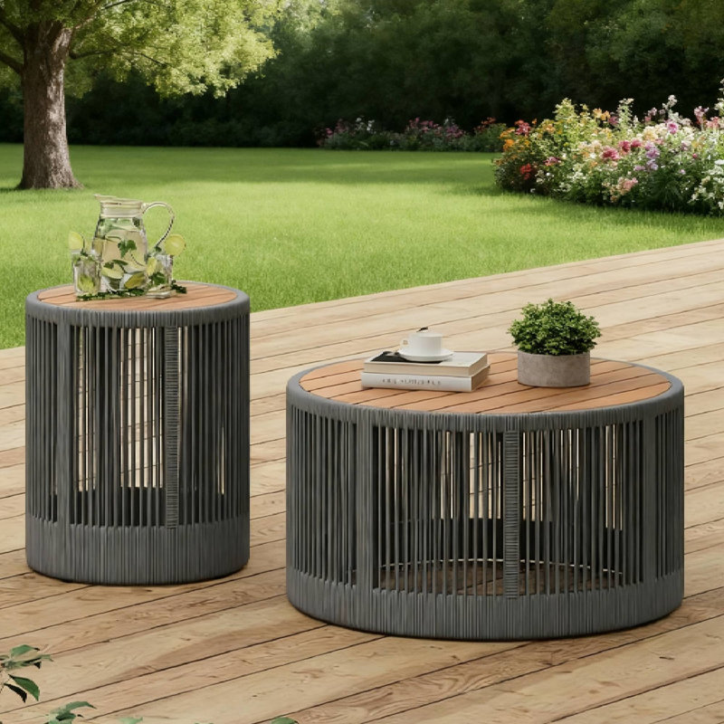 Ensemble de tables en corde tissée (grise): tables basses industrielles et d'appoint rustiques pour la décoration intérieure