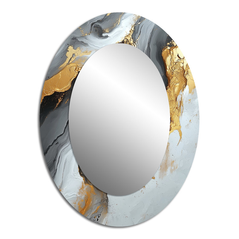 Abstract Marble In Grey And Gold Tones I - Gold Oval Wall Mirror Decor, 40" x 30"