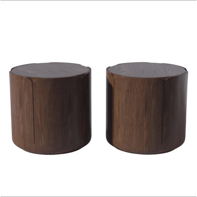 19.29"H Round Outdoor Indoor Side Table Set, Modern Wood Grain Patio Garden Stool Set, Sturdy Magnesium Oxide Waterproof, No-Assembly Table For Patio, Garden, Backyard, Living Room,Set Of 2