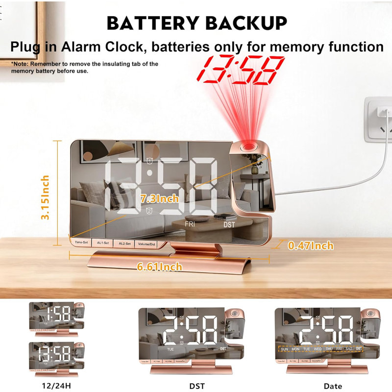 Headboard Projection Alarm Clock, 7.3-Inch Mirror Projection Device, 180° Rotation Projection, Dual Alarm Function, 3 Modes, Brightness Adjustment, Daylight Saving Time Function, Delayed Wake-Up Function, Charging Interface, 5-Level Volume Adjustment.