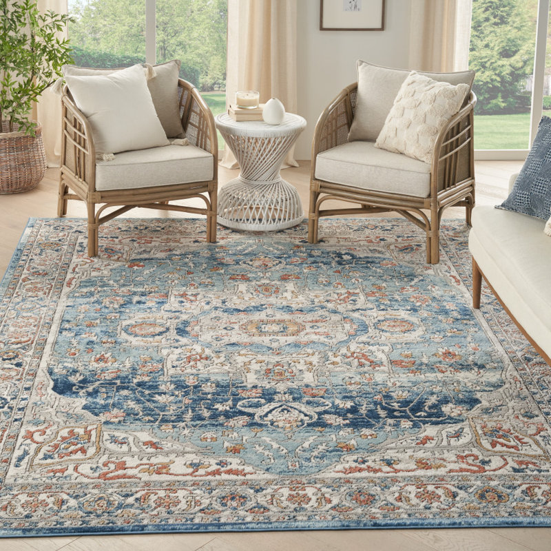 Tapis bleu / ivoire Amalie, Rectangle 8 pi 10 po x 11 pi 10 po