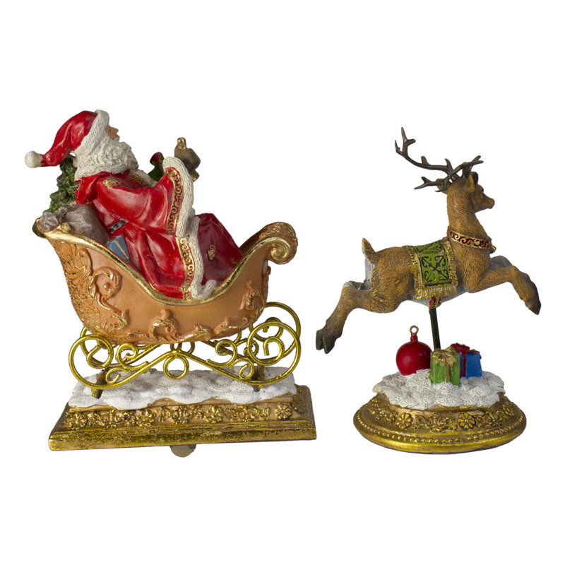 Gold Santa and Reindeer Glittered Christmas Stocking Holders Set