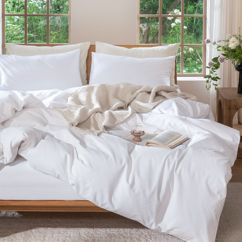 100% Washed Cotton Linen Like Textured Duvet Cover Set, Bright White, Queen Duvet Cover + 2 Standard Pillowcases