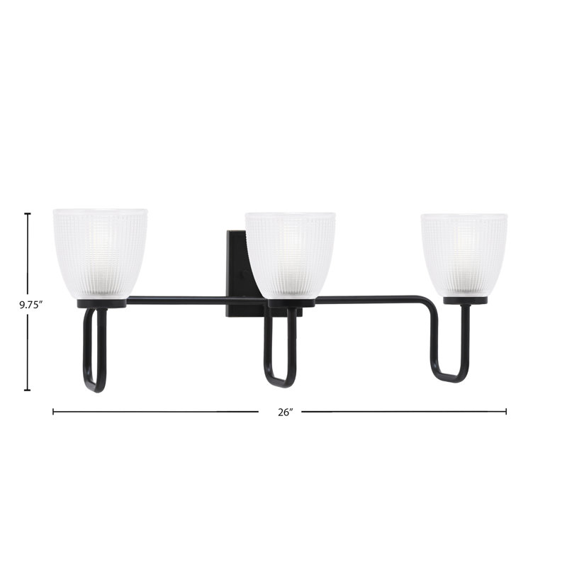 Barre d'éclairage de salle de bain 3 lumières Amarmula, finition noir mat, verre côtelé transparent de 5 po