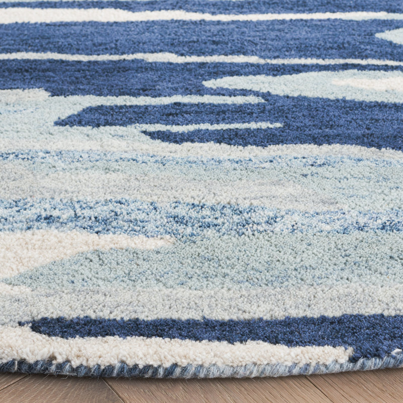 Jhenifer Tufted Wool Cotton Performance Abstract Rug in Blue/Ivory, Round 6'
