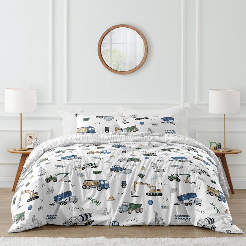Ensemble d'édredon pour grand lit 3 pièces construction camion bleu vert jaune gris et noir