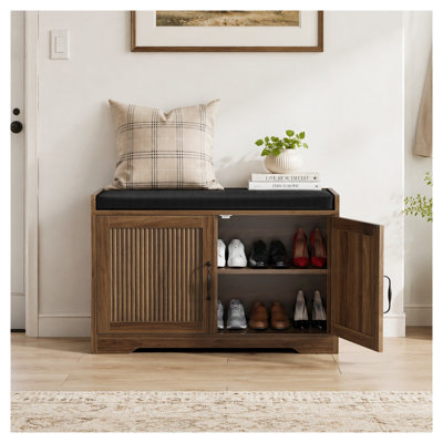 31.5" Walnut Entryway Shoe Storage Bench with Double Doors and Cushioned Seat