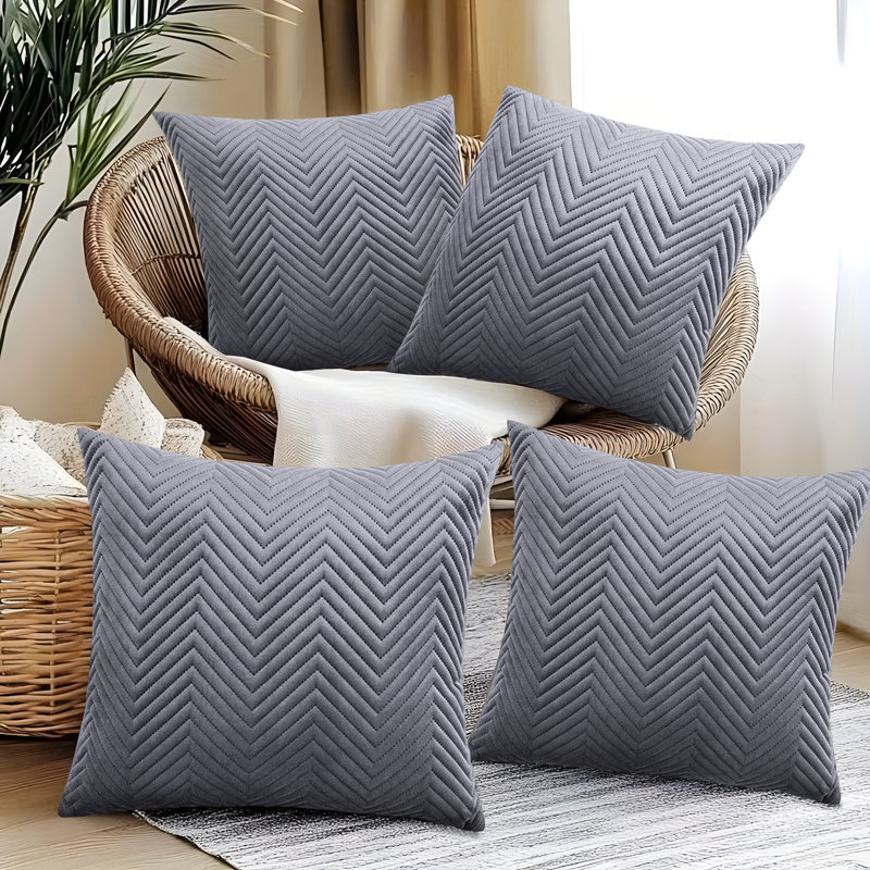 Embossed Quilted Pattern Velvet Cushion Cover (Set of 4), Grey