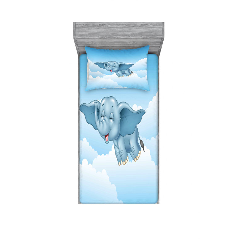 Ensemble de draps à imprimé de bébés éléphants volants, Ensemble de draps pour lit simple avec drap-housse