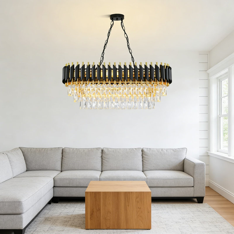 Lustre moderne en cristal linéaire avec cristaux en forme de goutte d'eau, luminaire suspendu encastré noir pour salle à manger, salon, îlot de cuisine, 8 lumières avec chaîne réglable