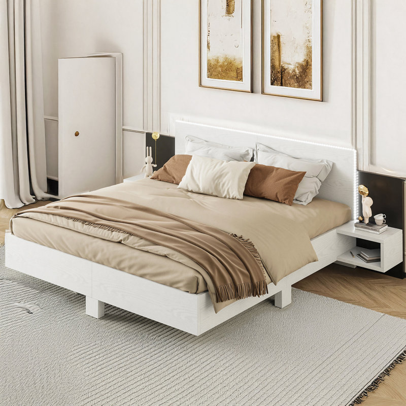 Floating Bed With Bedside Tables And Led Light Headboard, King, White