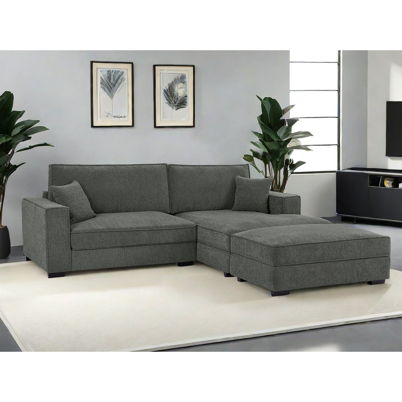 102" Upholstered Deep Seat Chaise Sofa With Ottoman, Dark Gray Polyester, Right Hand Facing