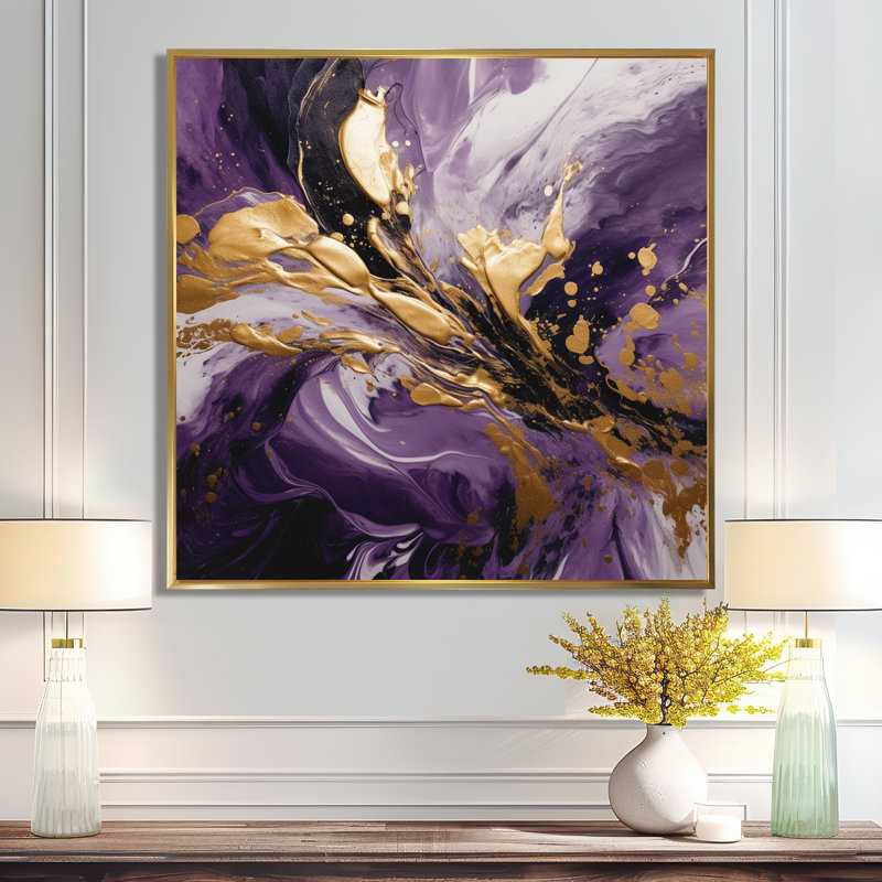 Mauve et or liquide Magic II - art mural abstrait, H 44 po x l 44 po, Reproduction avec cadre flottant, Doré