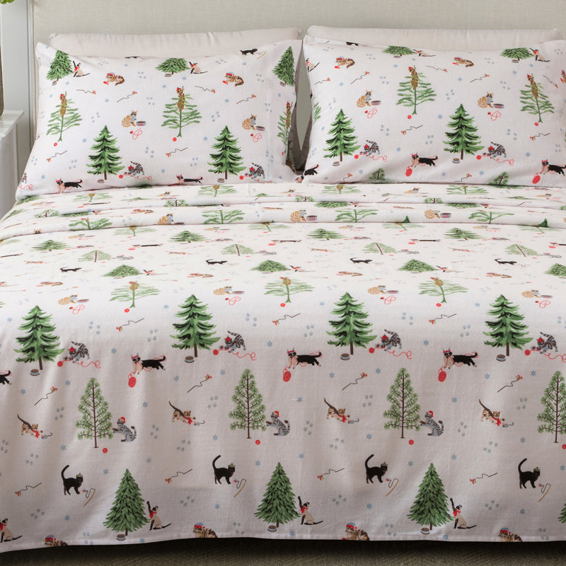 Queen Winter Cats Print Velvet Plush Microfiber Sheet Set