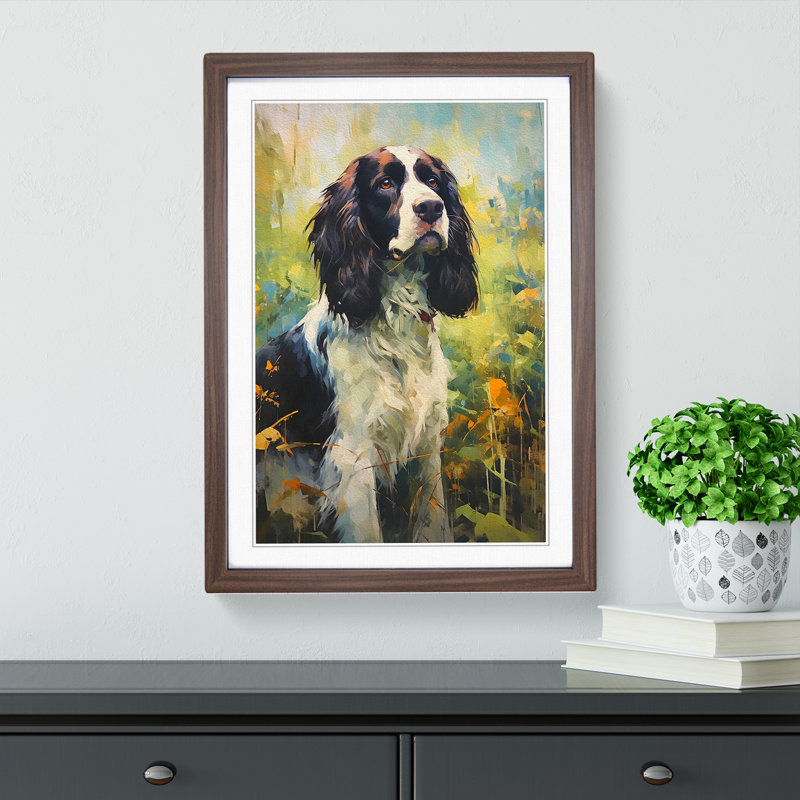 English Springer Spaniel Impressionism - Single Picture Frame Print on Wood, 46cm H x 34cm W x 2cm D, Walnut
