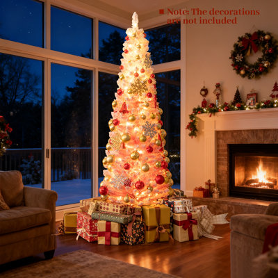  7 FT Pre-Lit Christmas Tree Slim Pencil Xmas Tree w/ 527 Snow Flocked PVC Branch Tips