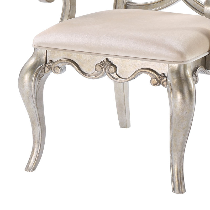 Ivory Velvet Upholstered Arm Chair with Antique Champagne Wood Frame