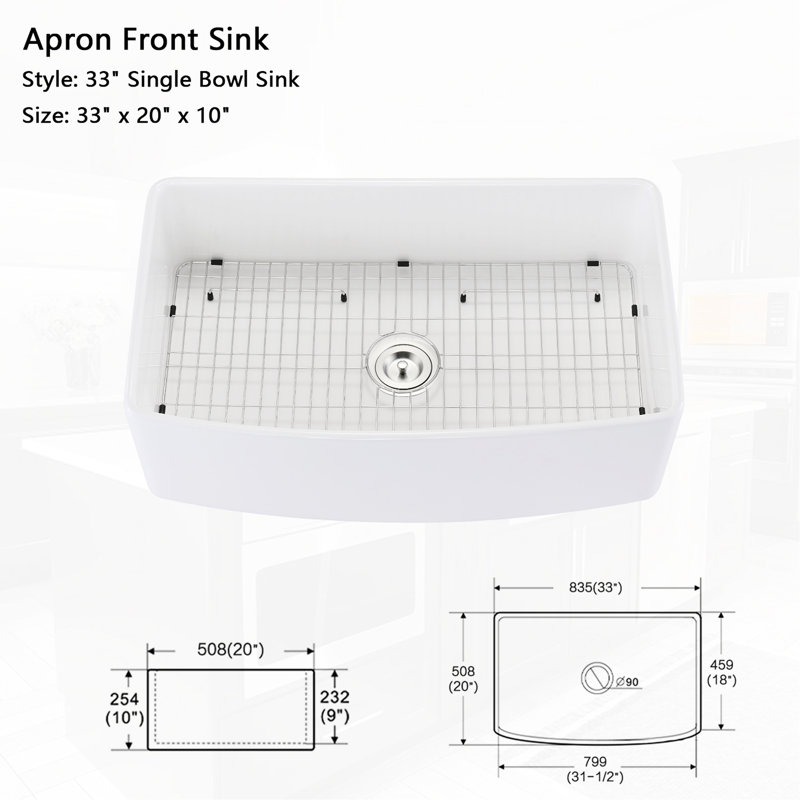 Évier de cuisine à tablier frontal 33 po x 20 po - blanc, insonorisant contre la chaleur, les taches et les égratignures, rouille sans effort jusqu'à L 33 po x l 20 po preuve, amortissant, propre