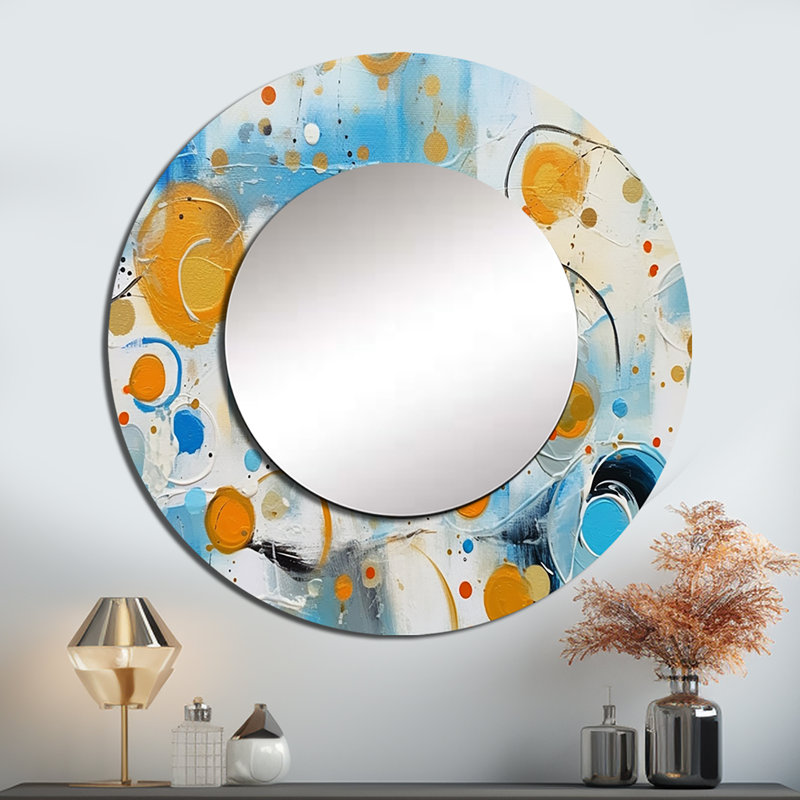 teal white and gold Abstract Combat - Abstract Shapes Decorative Mirror, Modern Round Wall Mirror, Printed Metal Art