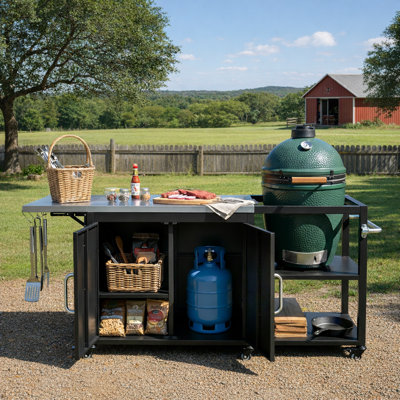 Très grand chariot de barbecue extérieur 76,6 po avec armoire de rangement, îlot de cuisine extérieur avec abattant en acier pour gros œuf vert, table de barbecue avec tablette réglable, crochets et ouvre-bouteille