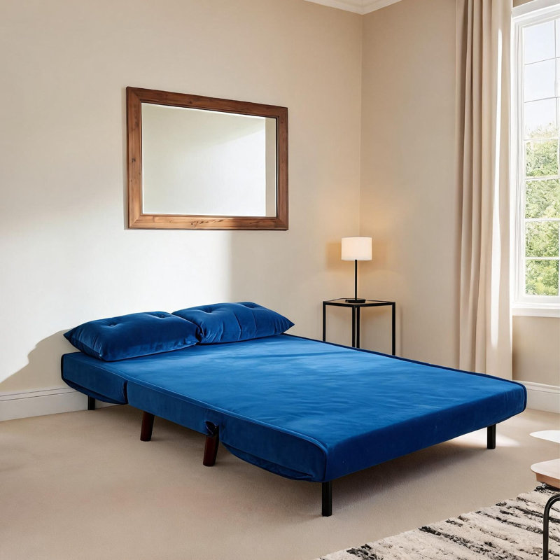 Lonara Two Seater Upholstered Double Sofa Bed, Blue Velvet