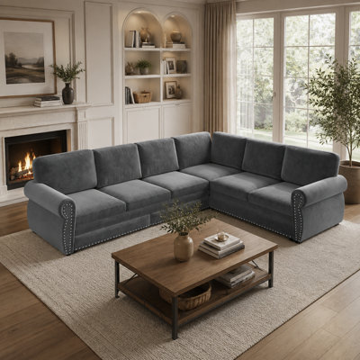 Canapé modulaire en chenille de L 118 po à 6 places avec canapé-lit, coussins épais et garniture cloutée 118 po