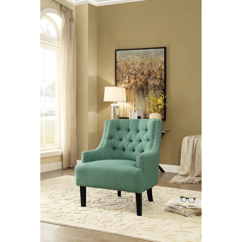 Chaise d'appoint traditionnelle avec revêtement texturé bleu sarcelle, base en bois massif avec bouton en tissu, fabrication pour la maison