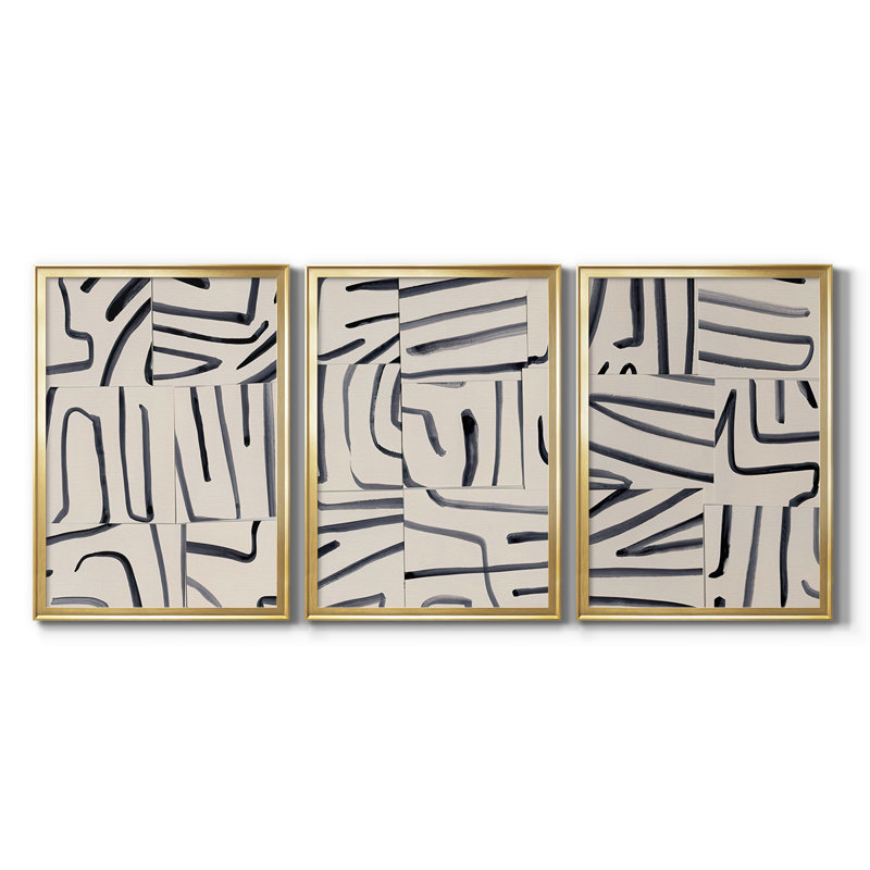 Splice Lines I - Toile tendue avec châssis sur mesure - 3 pièces, H 27 po x l 39 po, Doré
