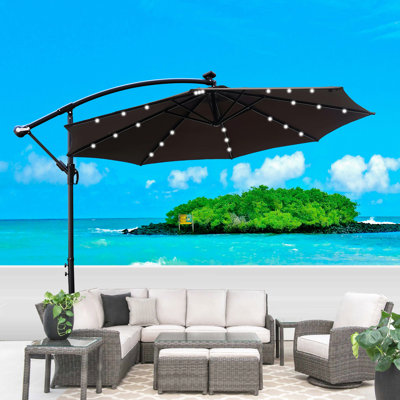 Parasol de terrasse 10 pi avec parasol solaire à DEL 8 lumières avec manivelle et base transversale