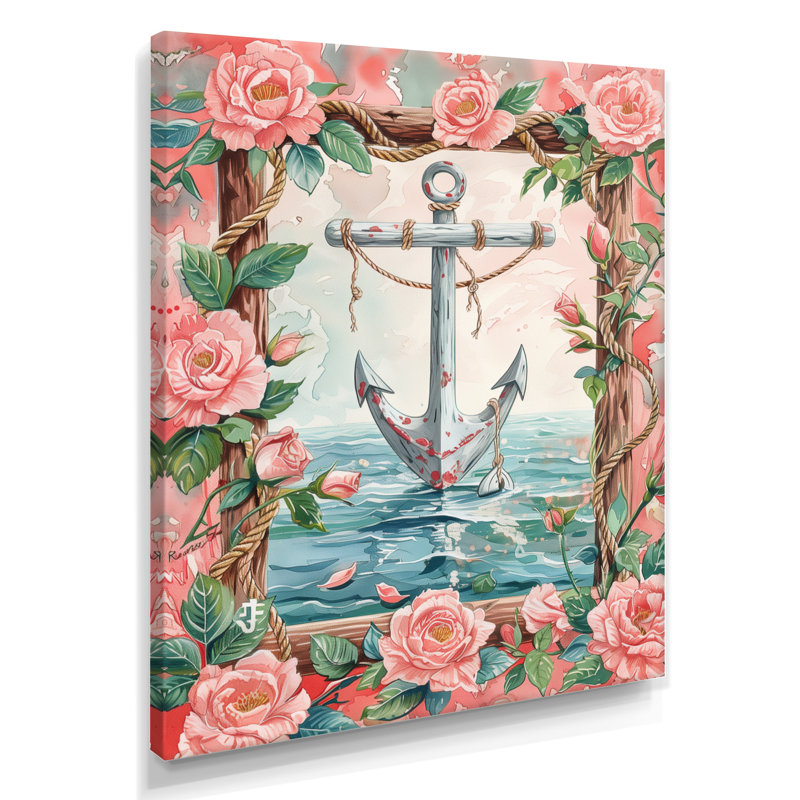 Rose, vert, côtier, ancre rétro, roses V - art mural bord de mer, salon, Toile tendue, H 40 po x l 30 po