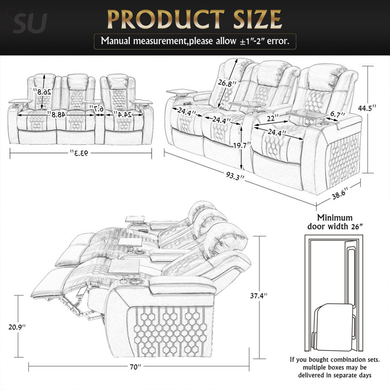 93.3 Power Recliner Set With Top-Grain Nappa, Fully Adjustable, Smart Charging, And Dynamic RGB LED Lighting, Recliner, Black