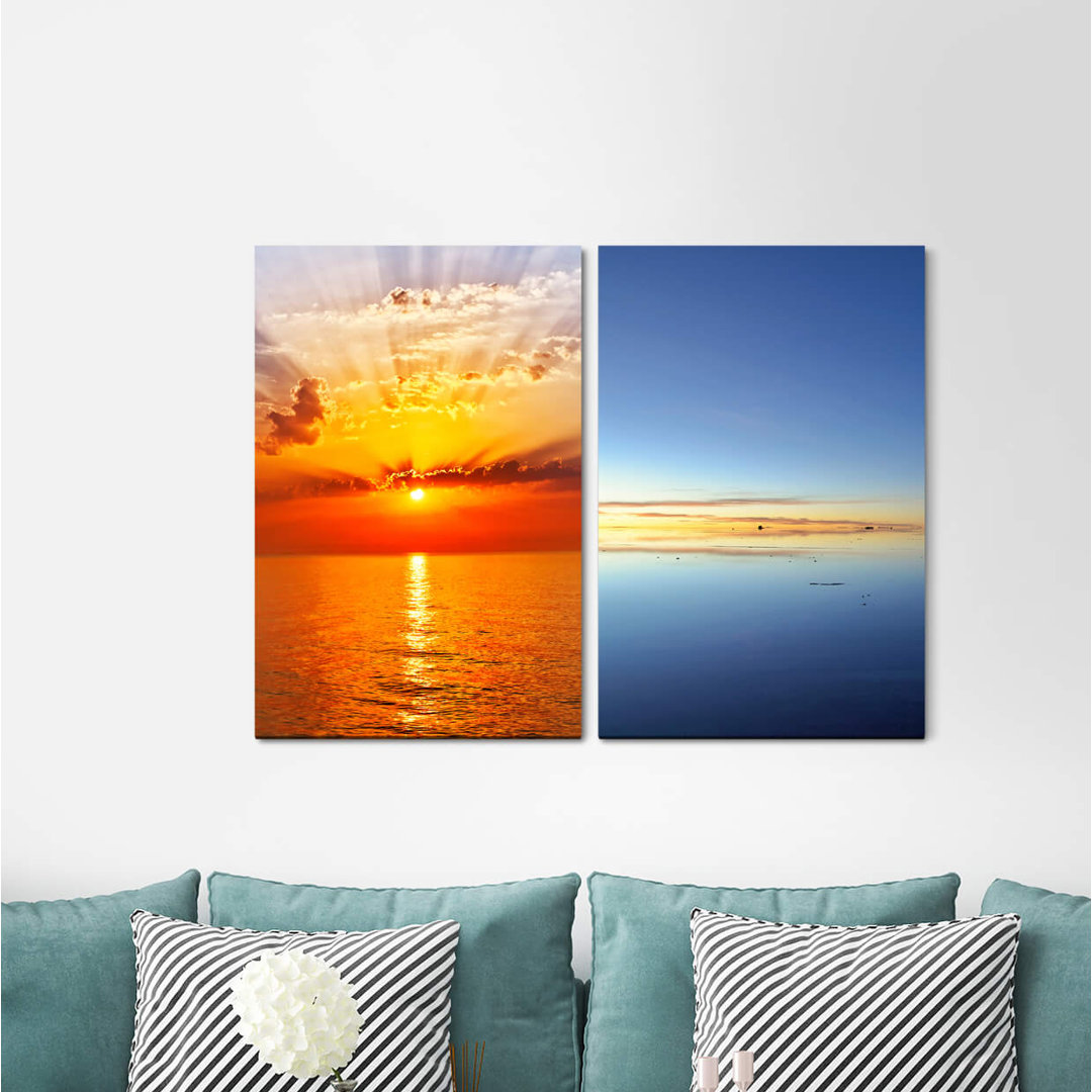 2-tlg. Leinwandbilder-Set - Fotografie „Sunset Sea Horizon Red Sky Dusk Calm Peace”