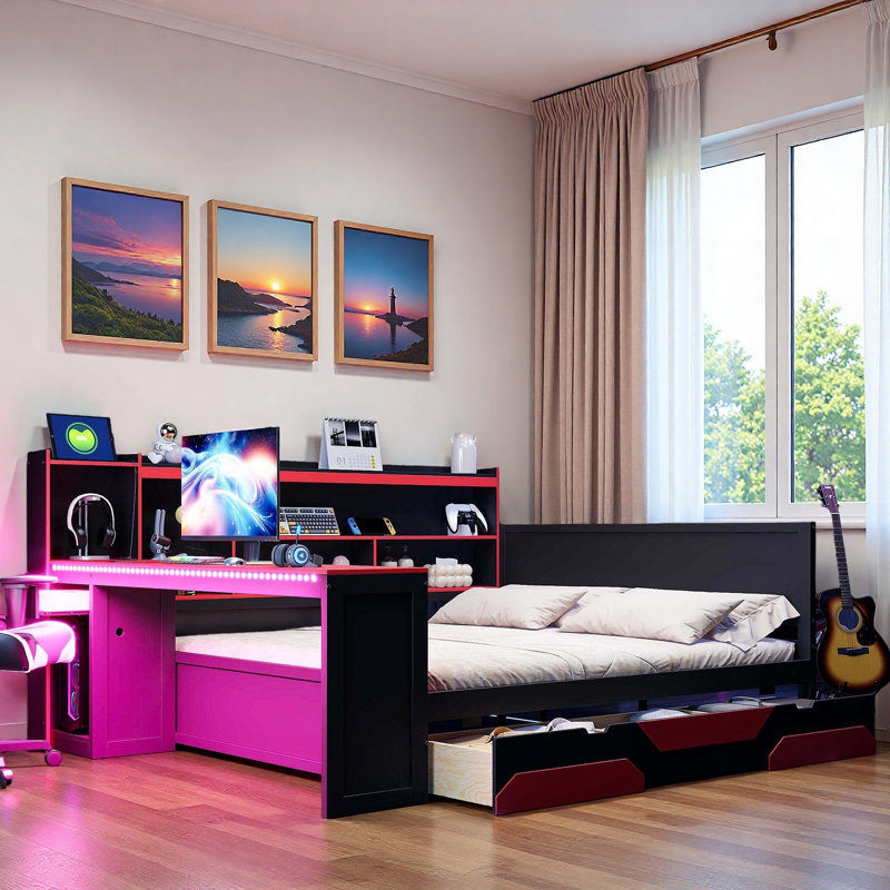 Modern Gaming Daybed With Integrated Desk, Light Strips, Built-in Charging Station, 3 Storage Drawers And Storage Shelves