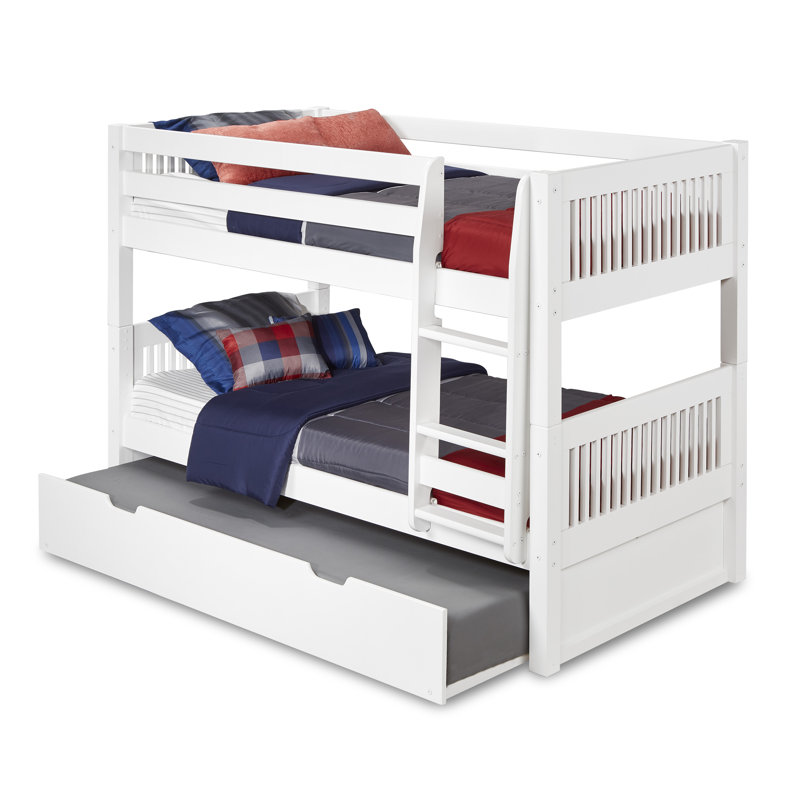 Lit superposé standard en bois massif avec lit gigogne Fradin, Blanc, Lit superposé double sur double