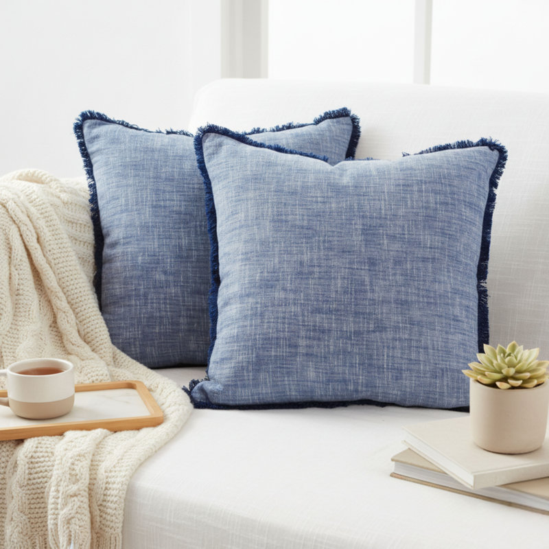 Textured Cotton Throw Pillow Covers / Modern Cushion Covers / Elegant Square Pillow Cases, Square 16", Blue