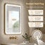 Miroir de salle de bain rectangulaire mural de 61 cm (L) x 81 cm (H) avec cadre en or brossé, éclairage DEL, fonction antibuée et mémoire.-88552432-132870537